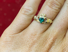 Load image into Gallery viewer, 9ct gold green stone Claddagh ring