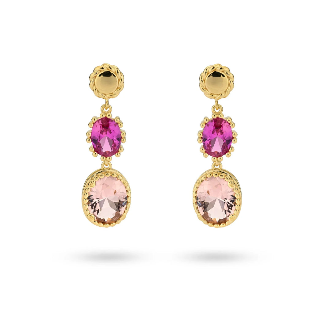 24Kae Yellow Gold Oval Drop Earrings with Pink Stones