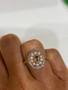 24Kae Cluster CZ & Freshwater Pearl Ring, Gold