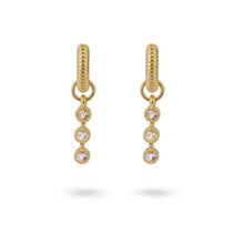 Load image into Gallery viewer, 24kae yellow gold three stone drop hoop earrings
