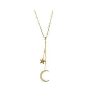 9ct Yellow Gold CZ Set Star and Moon Lariot Necklace