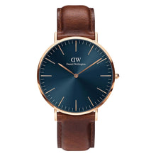 Load image into Gallery viewer, Daniel Wellington Classic St.Mawes 40mm Blue Dial Rose Gold Case Brown Strap Watch DW00100639
