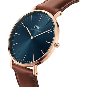 Daniel Wellington Classic St.Mawes 40mm Blue Dial Rose Gold Case Brown Strap Watch DW00100639