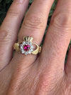 9ct Yellow Gold Claddagh ring Ruby and Cubic Zirconia