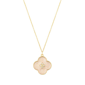 9ct Gold Mother of Pearl Enamel Flower Cz Centre Necklace