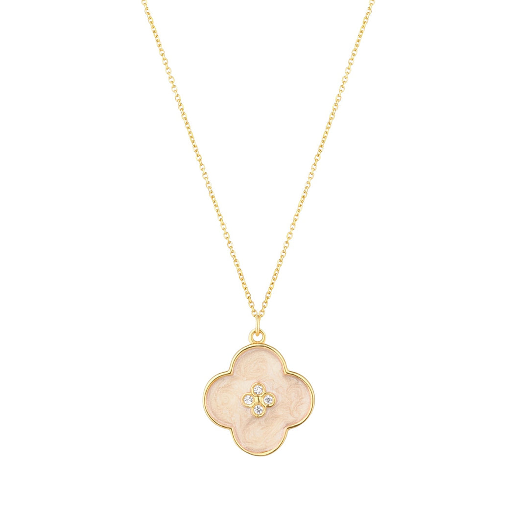 9ct Gold Mother of Pearl Enamel Flower Cz Centre Necklace